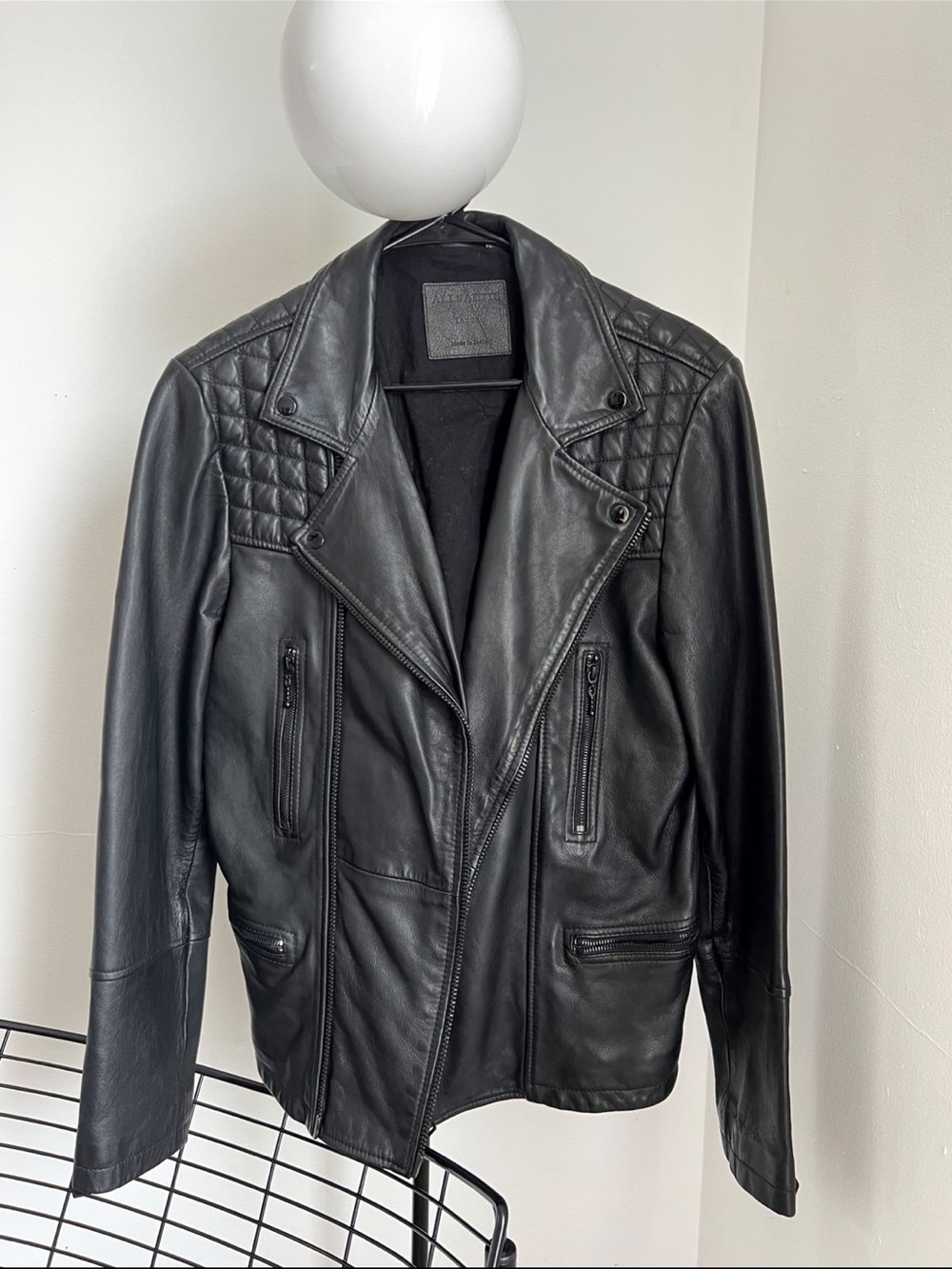 AllSaints Men’s Black Leather Moto Jacket with Quilted Shoulders